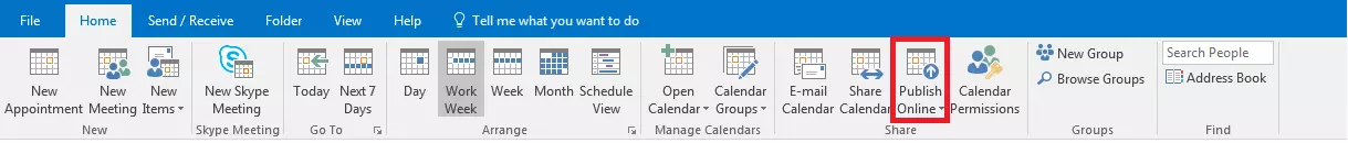 Outlook: Calendar view toolbar in the “Start” tab.