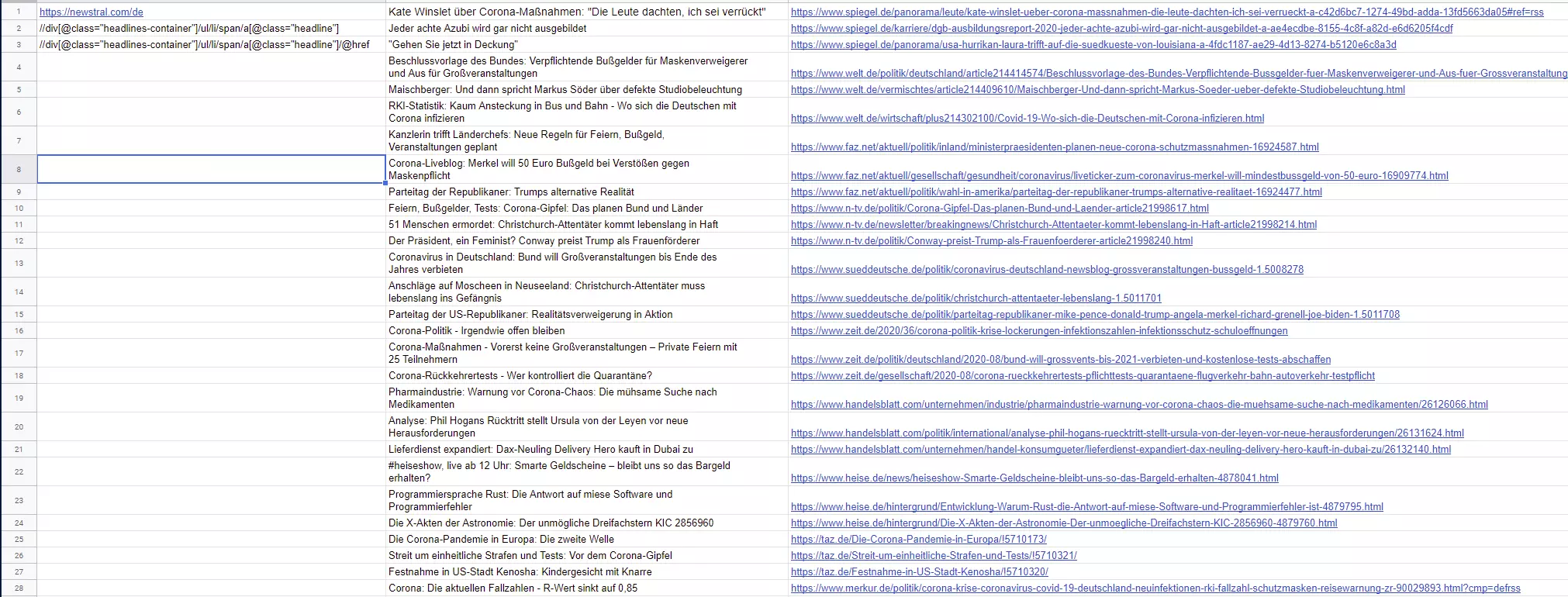 Google Sheets: importXML import results from newstral.com