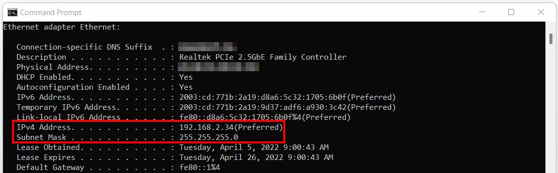 Windows 11 prompt: Output for “ipconfig /all”