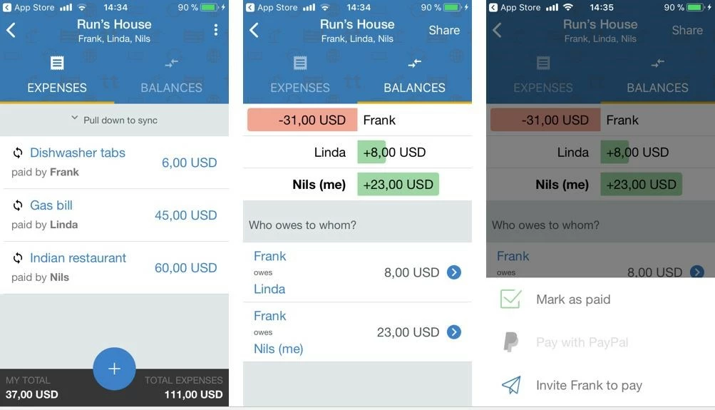 Overview of the Tricount app: Group – Billing – Settling debts