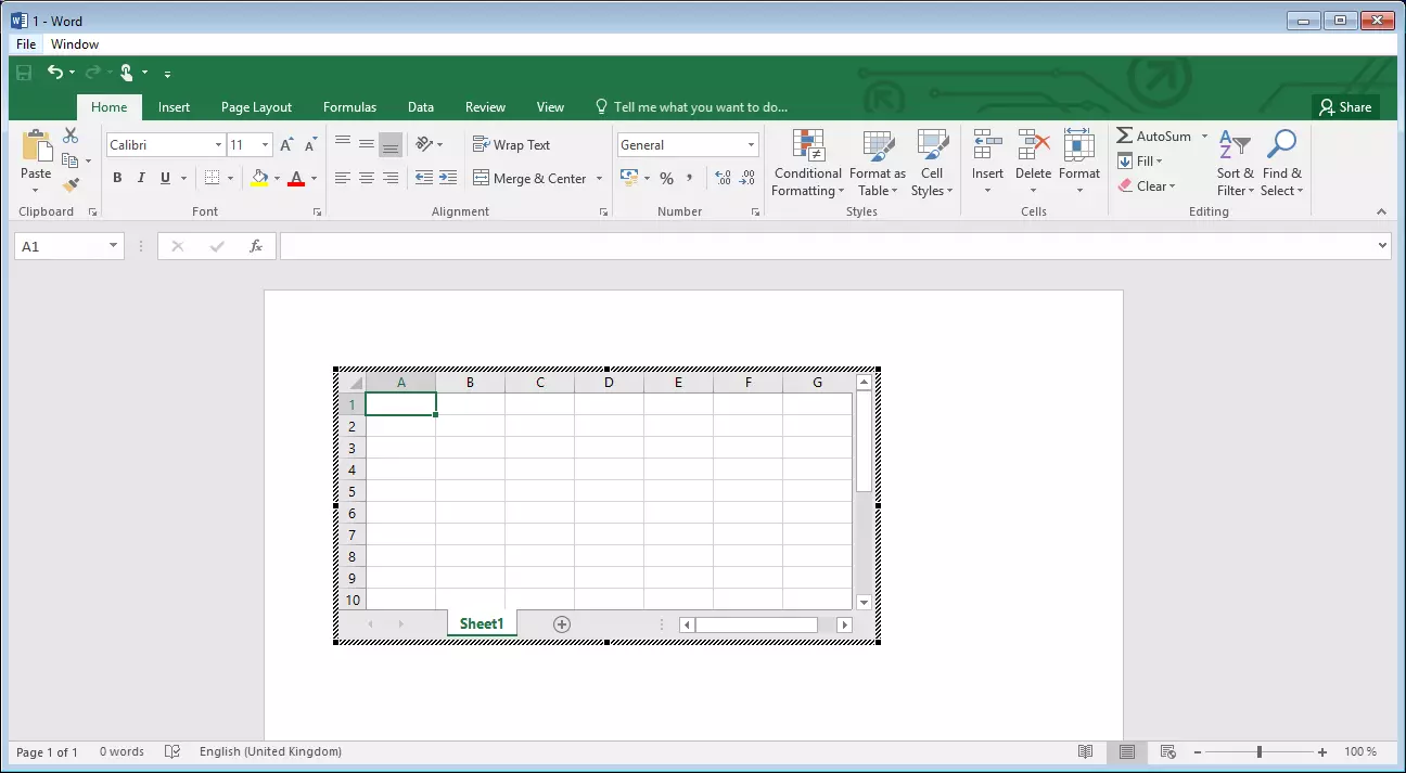 Screenshot of how to create an Excel table in Word