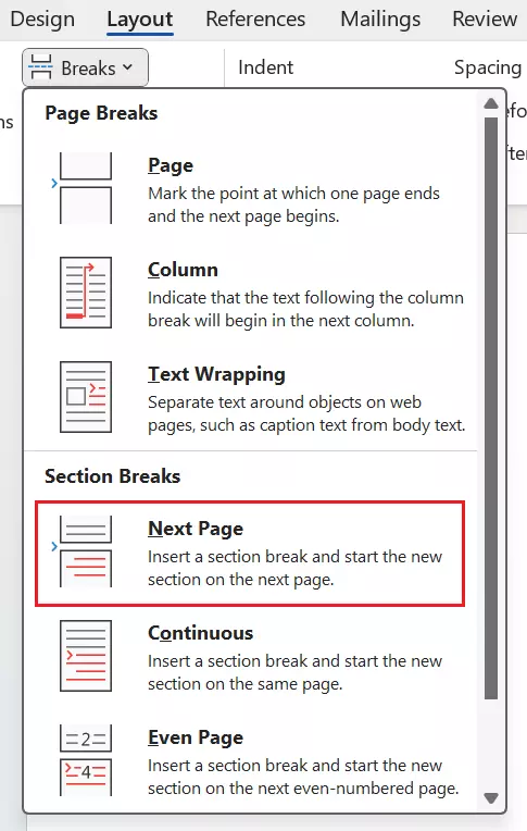 You can also set section breaks in the Word menu for page breaks