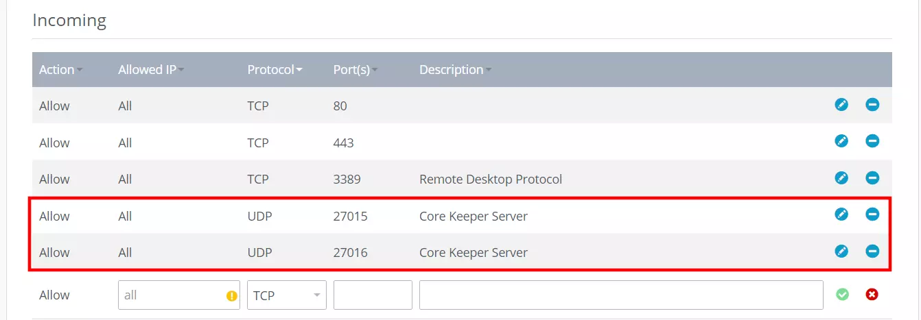 Core Keeper Server: open ports in IONOS Cloud Panel