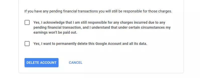 Deleting your Google account: Form for user confirmation