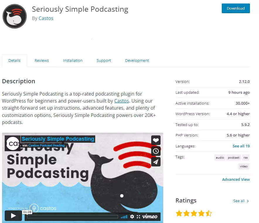 Description of the Seriously Simple Podcasting plugin on WordPress