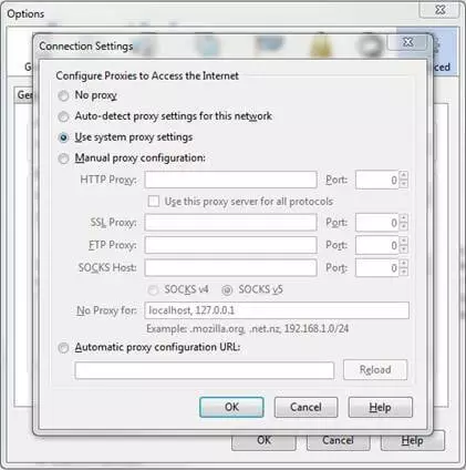 Connection settings in Mozilla Firefox