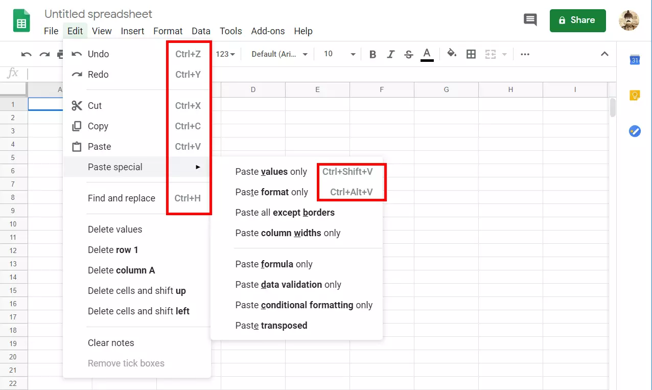 Google Sheets: shortcuts displayed in the help menu