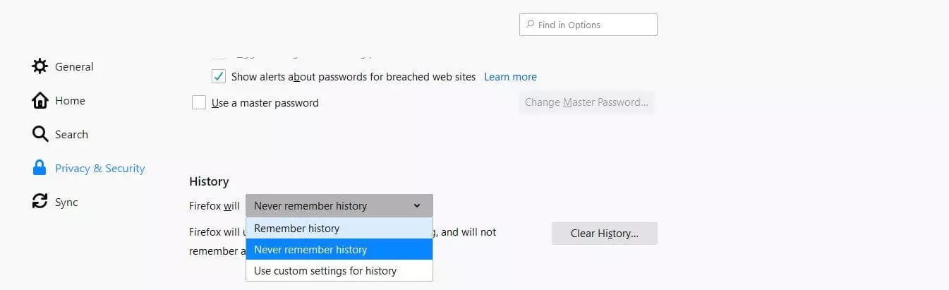 “Privacy & Security” menu in Firefox