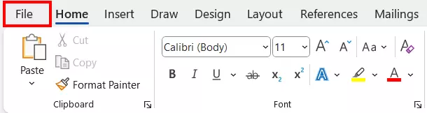 Word’s menu ribbon with the “File” option