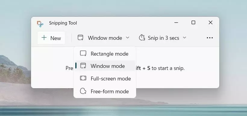 Snipping tool selection menu