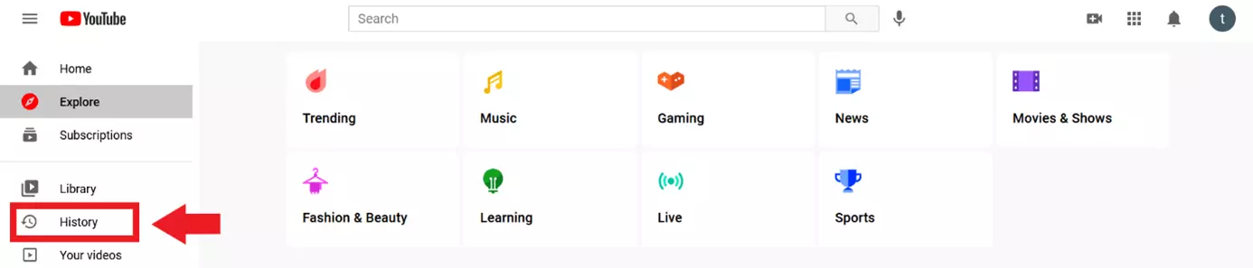 Menu “History” in left sidebar on YouTube