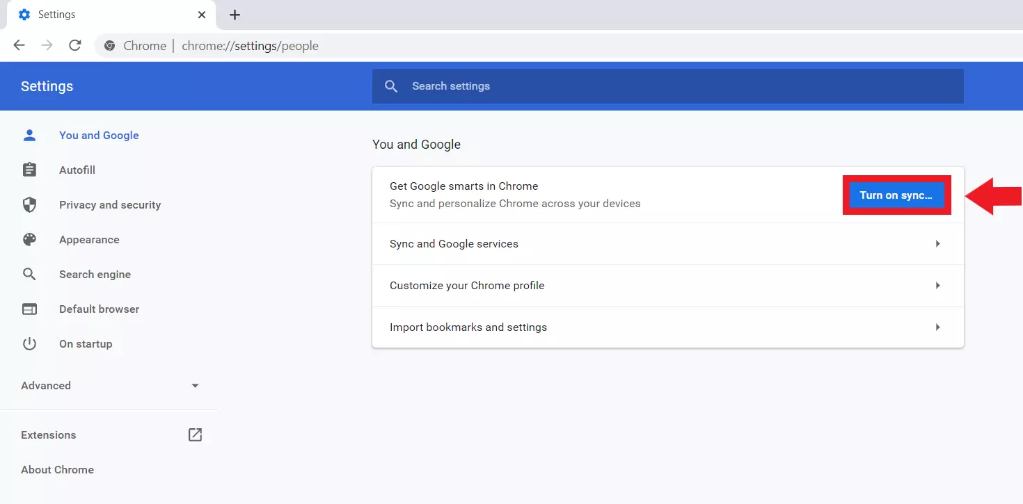 Google Chrome: “You and Google” menu, “Turn on sync…” option