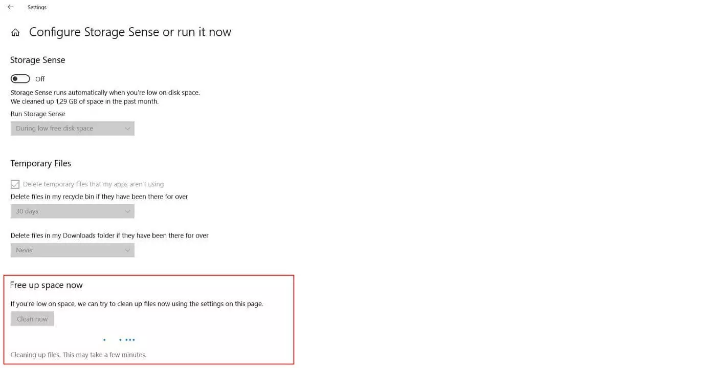 The “Free up space now” section in Windows 10 Storage Sense