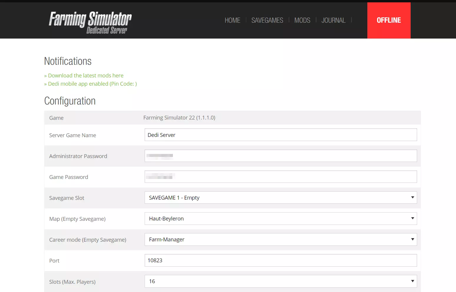 FS 22: Web interface of Dedicated Server