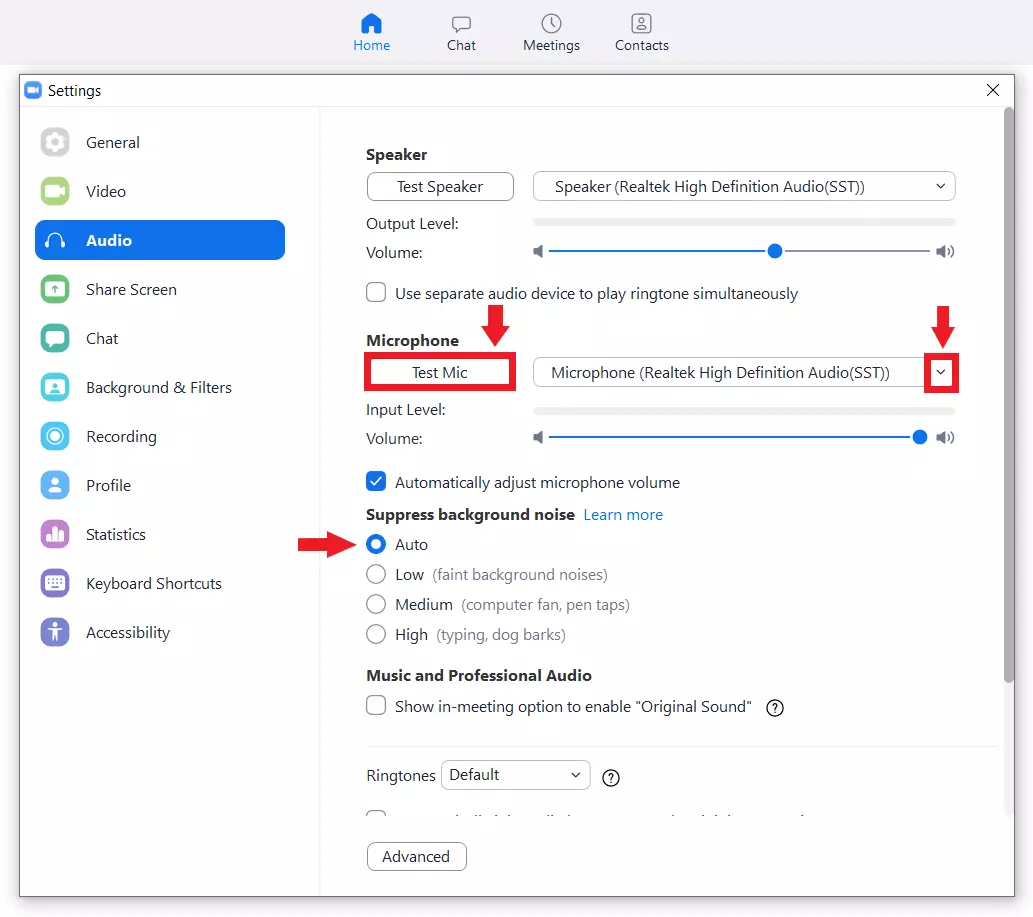 Test the microphone’s functionality in the Zoom audio settings