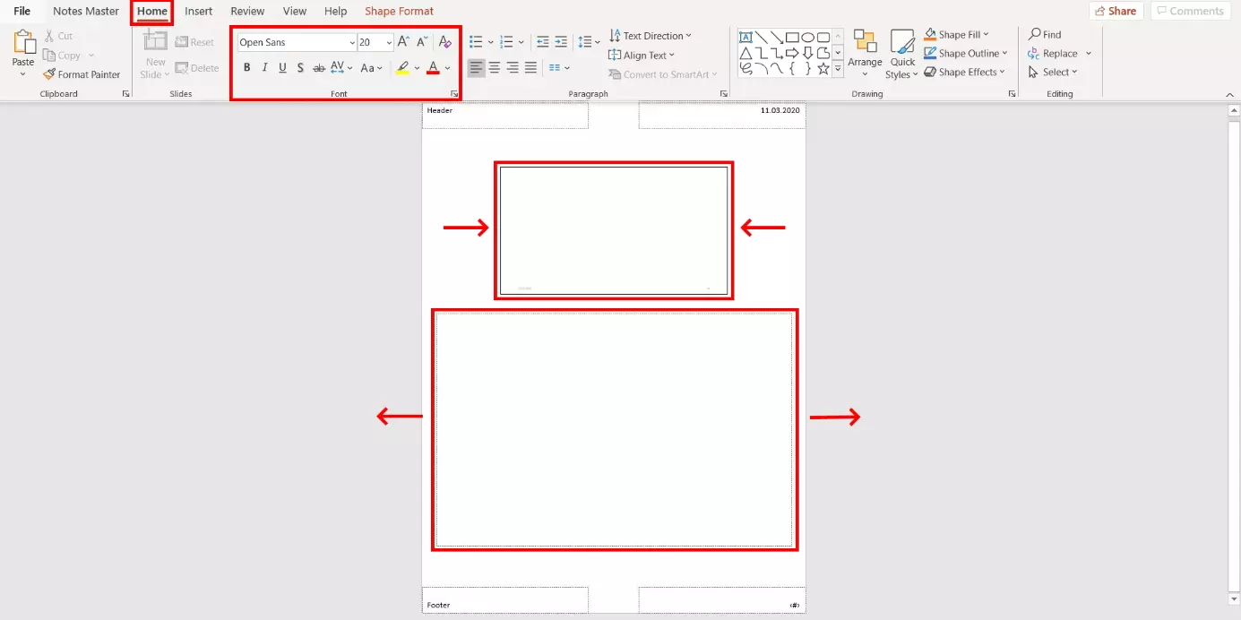 PowerPoint Notes Master: font settings