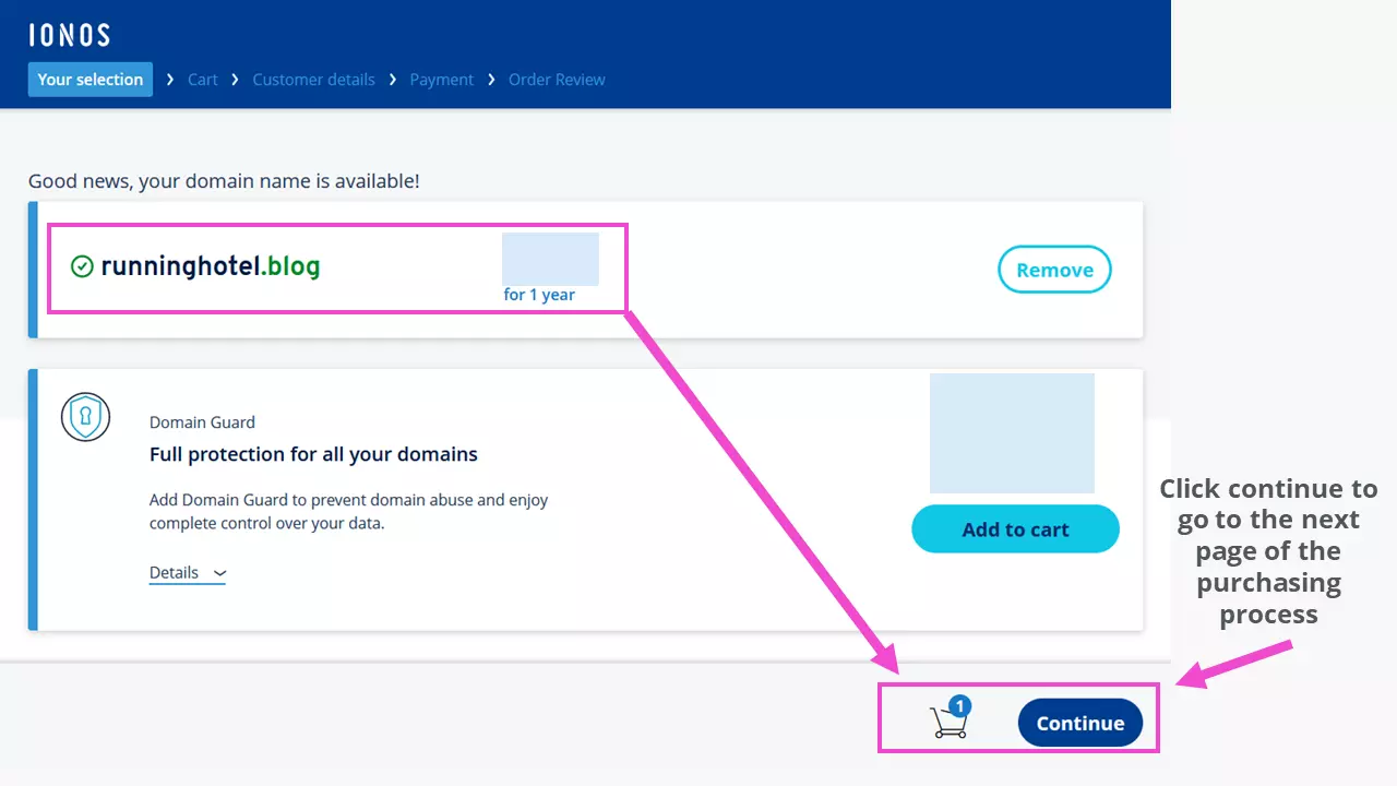 Confirmation page: Requested domain available and added to cart