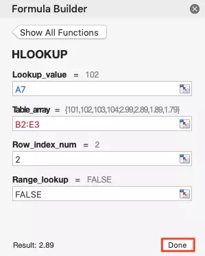 HLOOKUP: filling in the formula builder