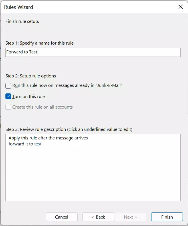 Outlook 365: Rules Wizard – Rule summary and Finish button