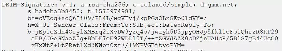 Screenshot of an email header with part of the DKIM signature