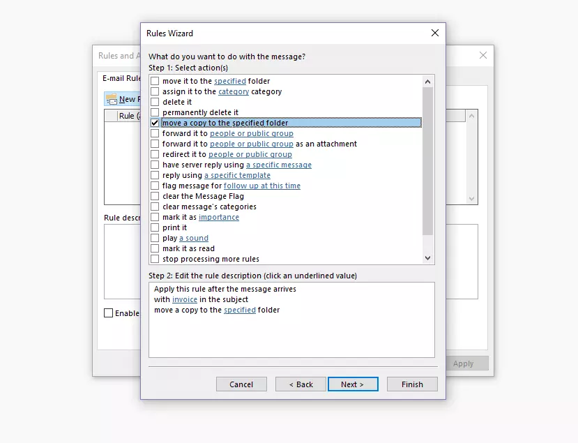 Outlook Rules Wizard: action selection