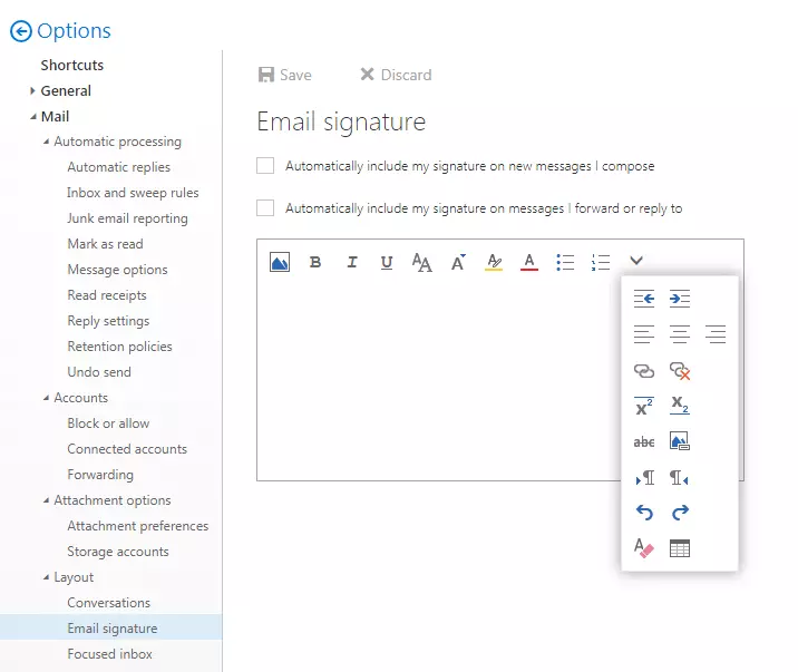 Screenshot of the e-mail signature editor in the Outlook web app