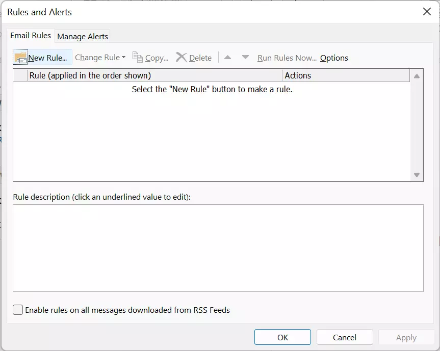 Outlook 365: Rules and Alerts dialog window