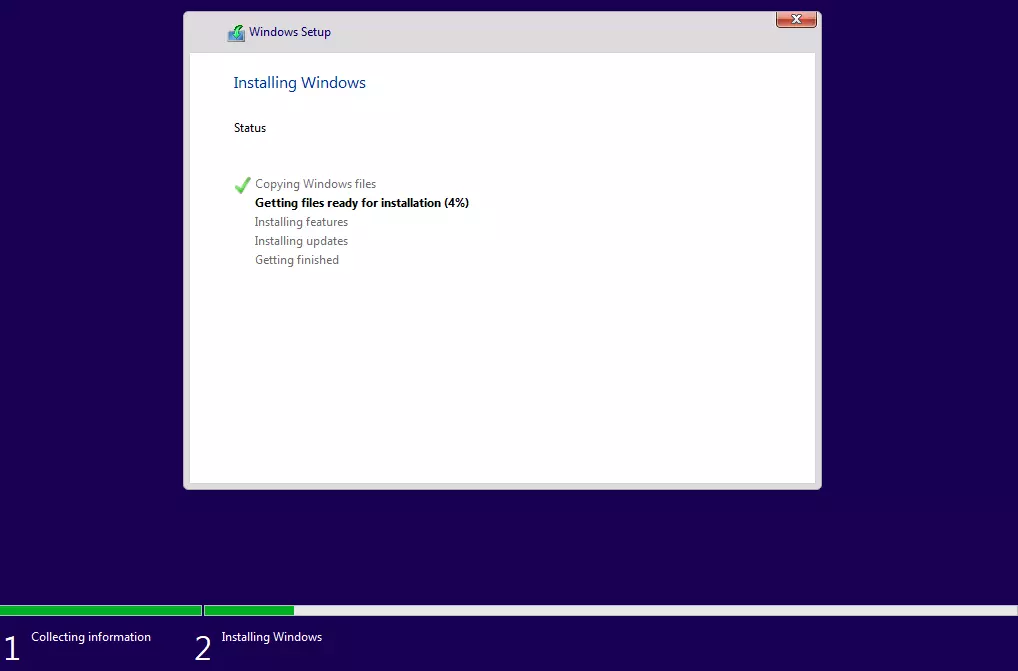 Progress bar “Windows is being installed”