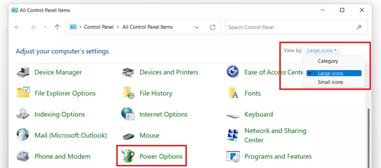 Windows 11 system settings: Power Options settings