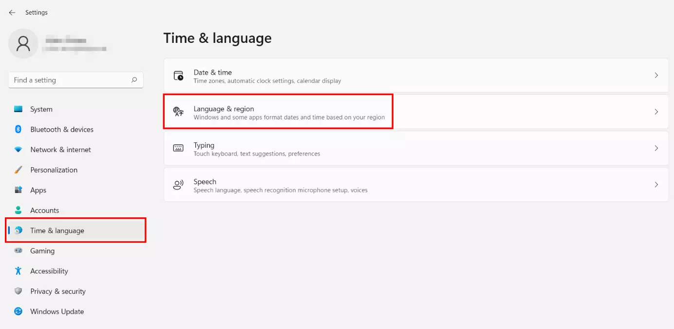 Windows 11: “Language & region” menu in Settings