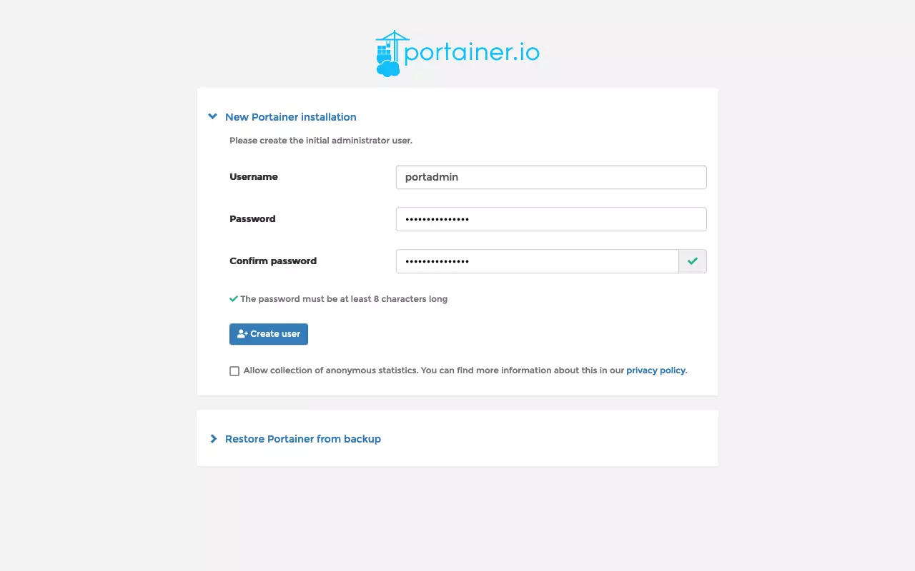 Portainer splash screen with admin user details entered