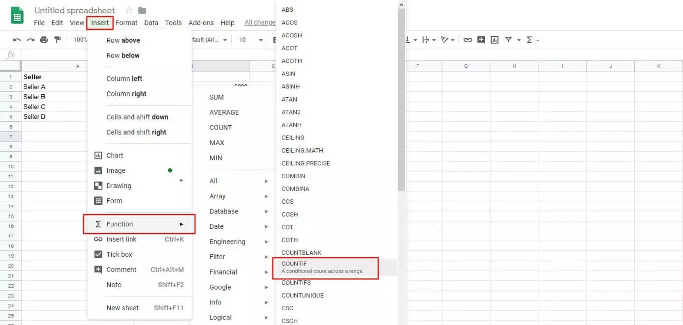 Adding the COUNTIF function in Google Sheet using the menu 