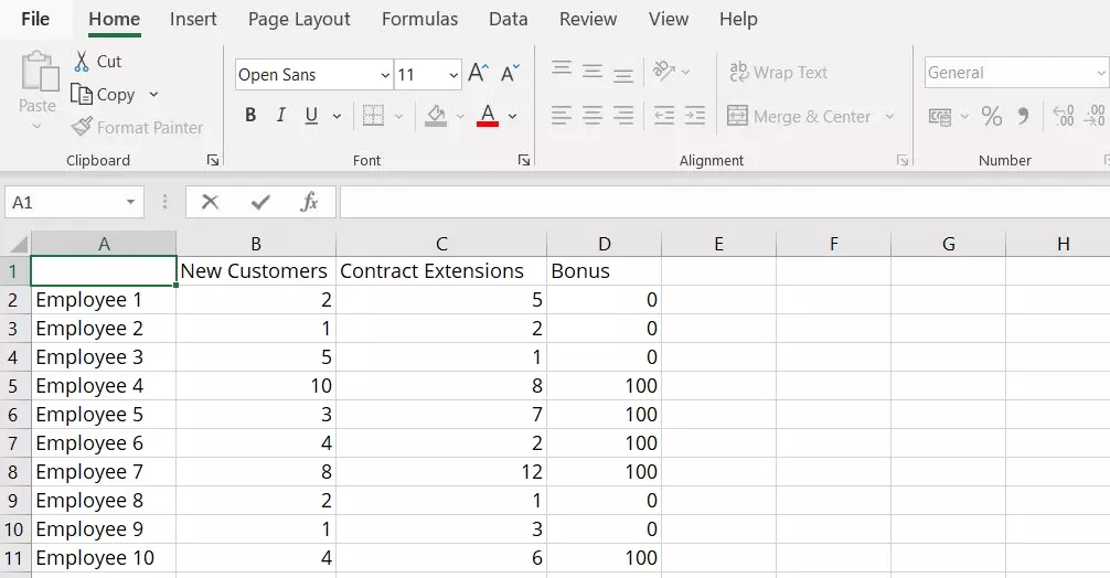 Excel spreadsheet example with results