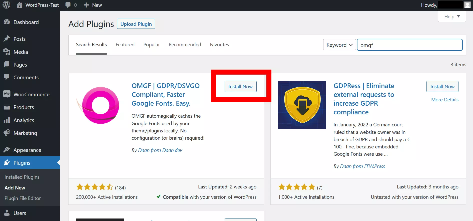 Screenshot of the OMGF plugin under “Add Plugins” on WordPress