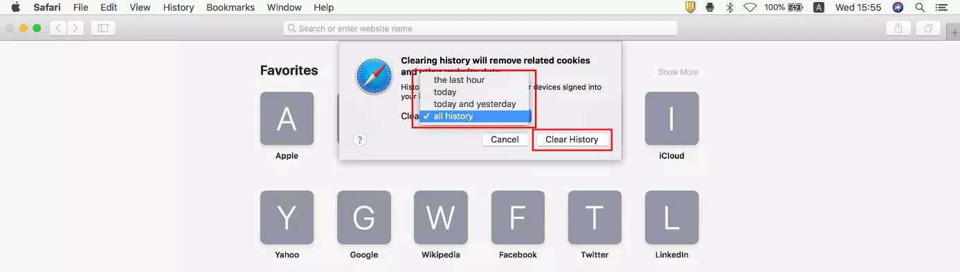 Safari browser: “Clear History” dialog box in macOS