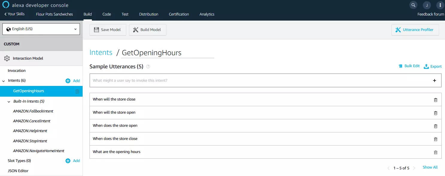 Alexa Developer console: definition of intents.