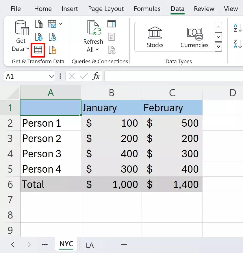 Click on “Data” and “From Table/Range” to open the Power Query Editor