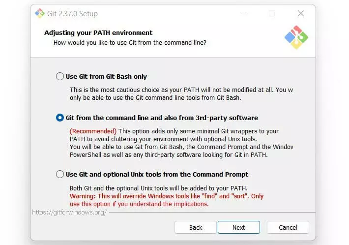 Screenshot of PATH environment options during Git Bash installation