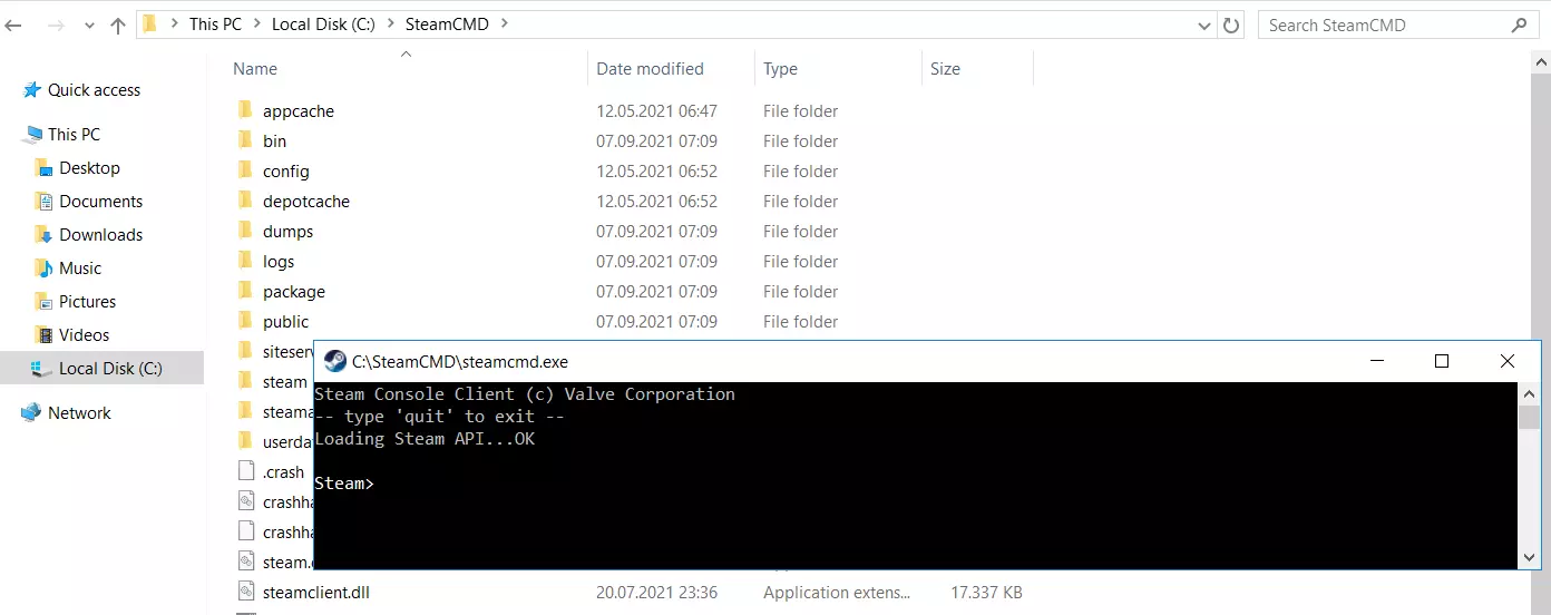 Windows Command Prompt with SteamCMD running