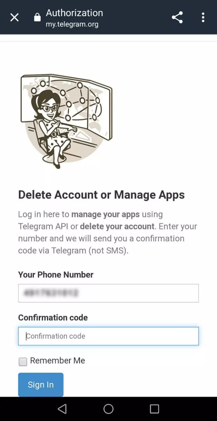 Telegram page for deleting your account