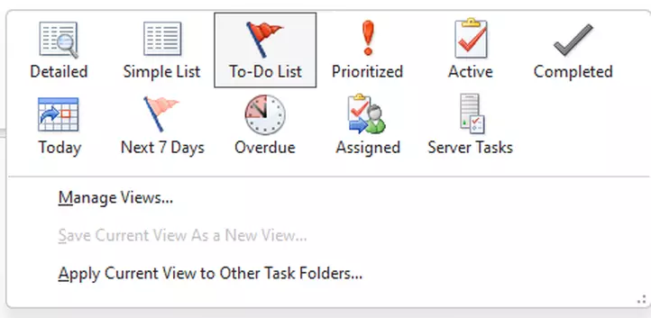 The listing of possible display options for tasks in the Change View menu