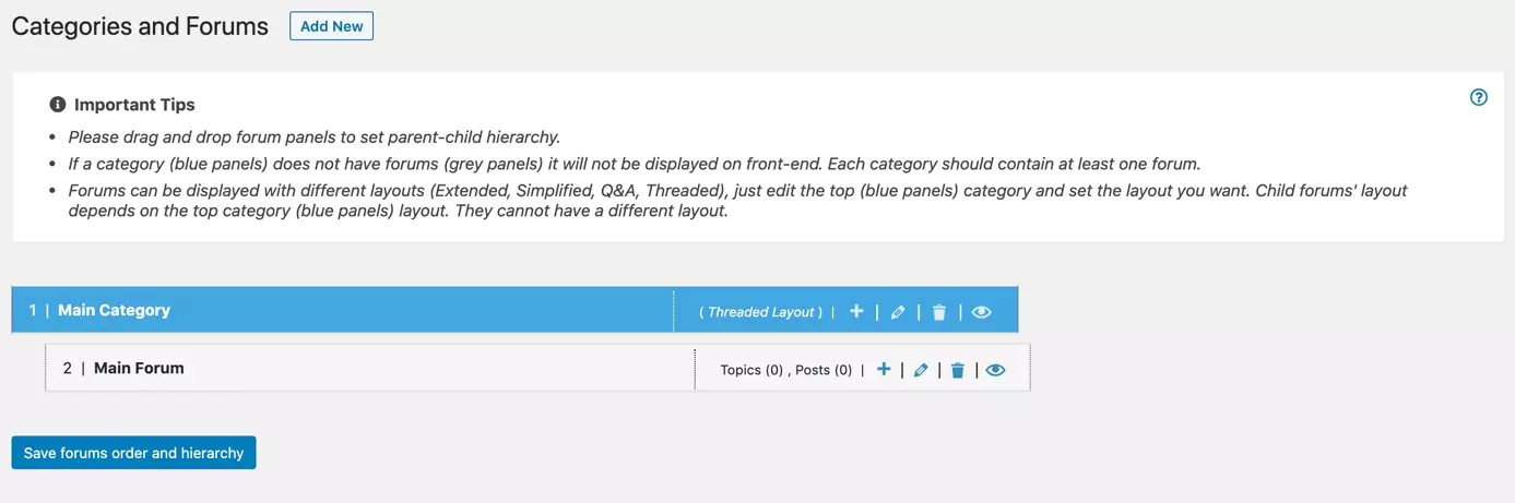 The menu in the WordPress admin area that lets you set up categories and forums