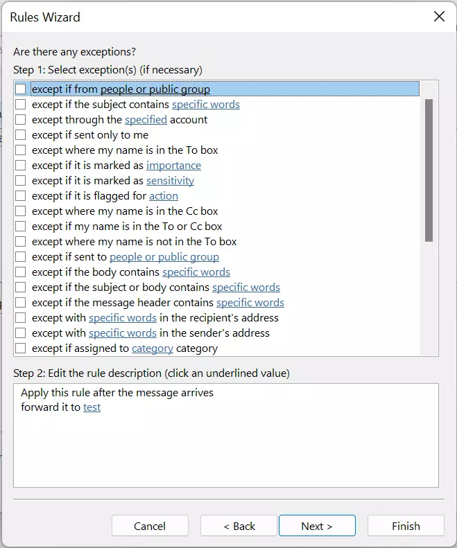 Outlook 365: Rules Wizard – Exceptions list