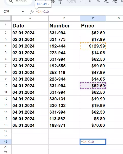 Screenshot of the formula for subtraction in Google Sheets