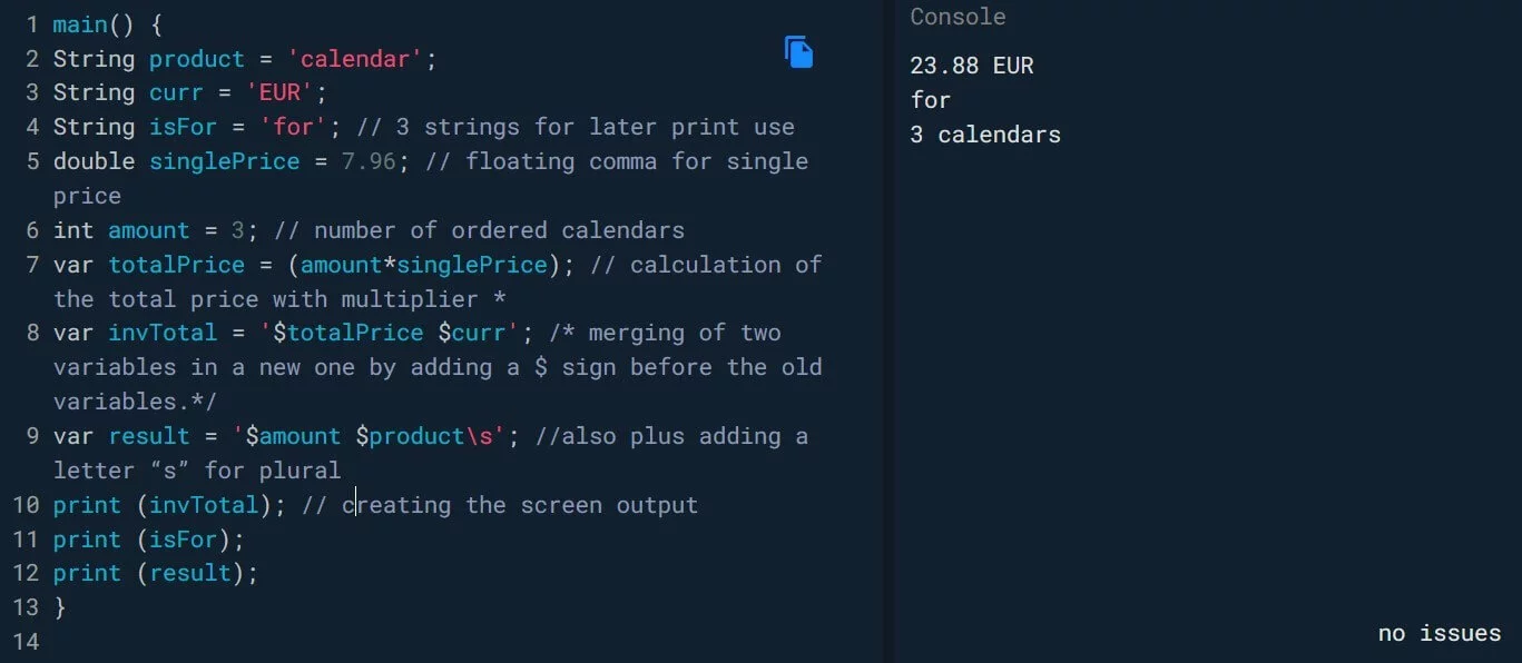 Learn DART programming: simple calculation