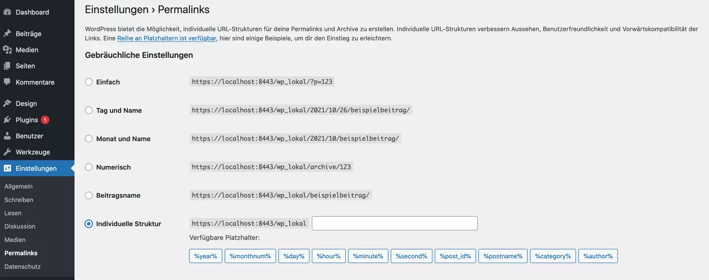 Permalink settings in the WordPress dashboard