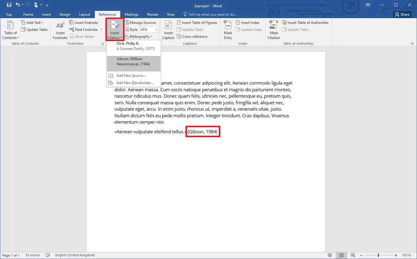 Menu for inserting a citation in Word 