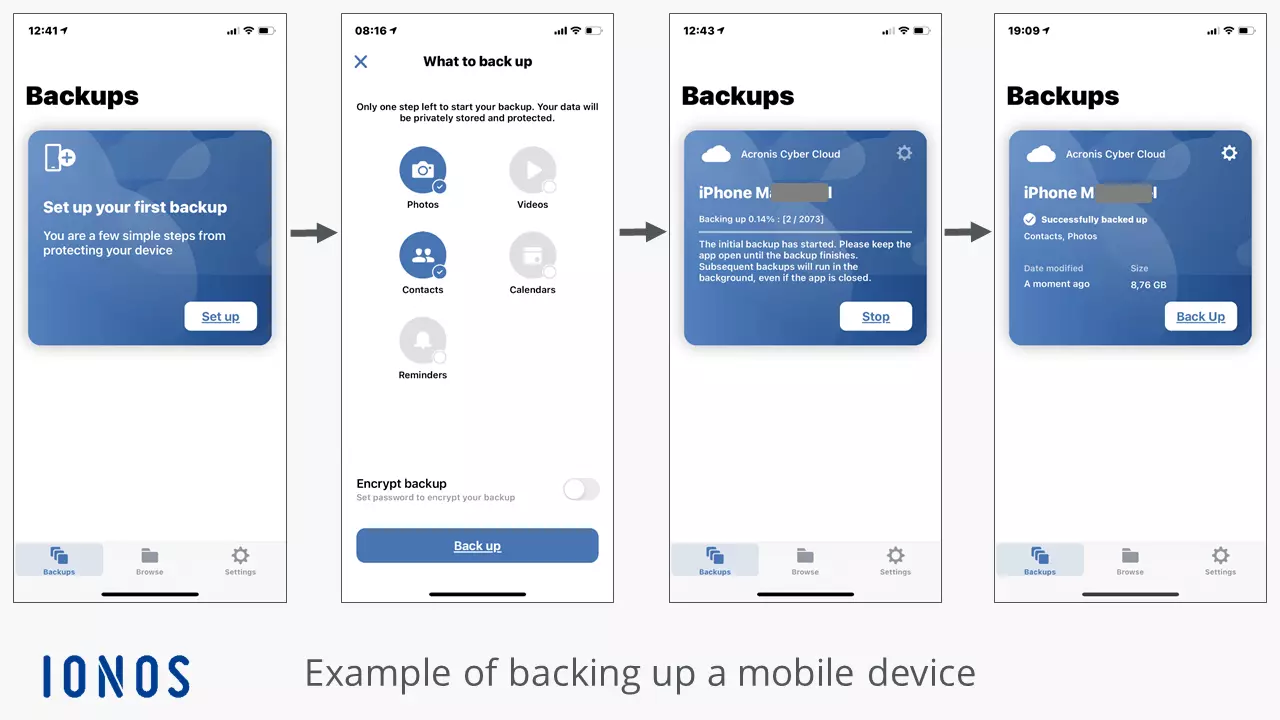 Backing up photos with MyDefender: the backup console on a mobile device