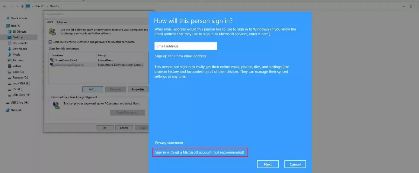 Windows 10: Password settings and “Add account” dialog