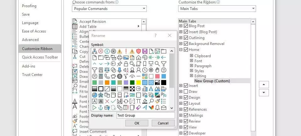 Word 2016: Customizing the ribbon for the “Start” tab